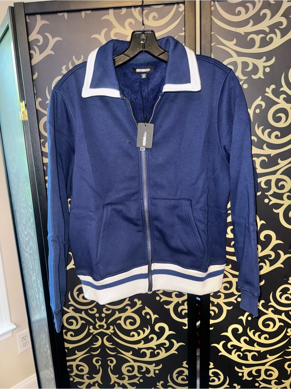 Fashion Nova Navy and White Zip-Up Varsity Jacket